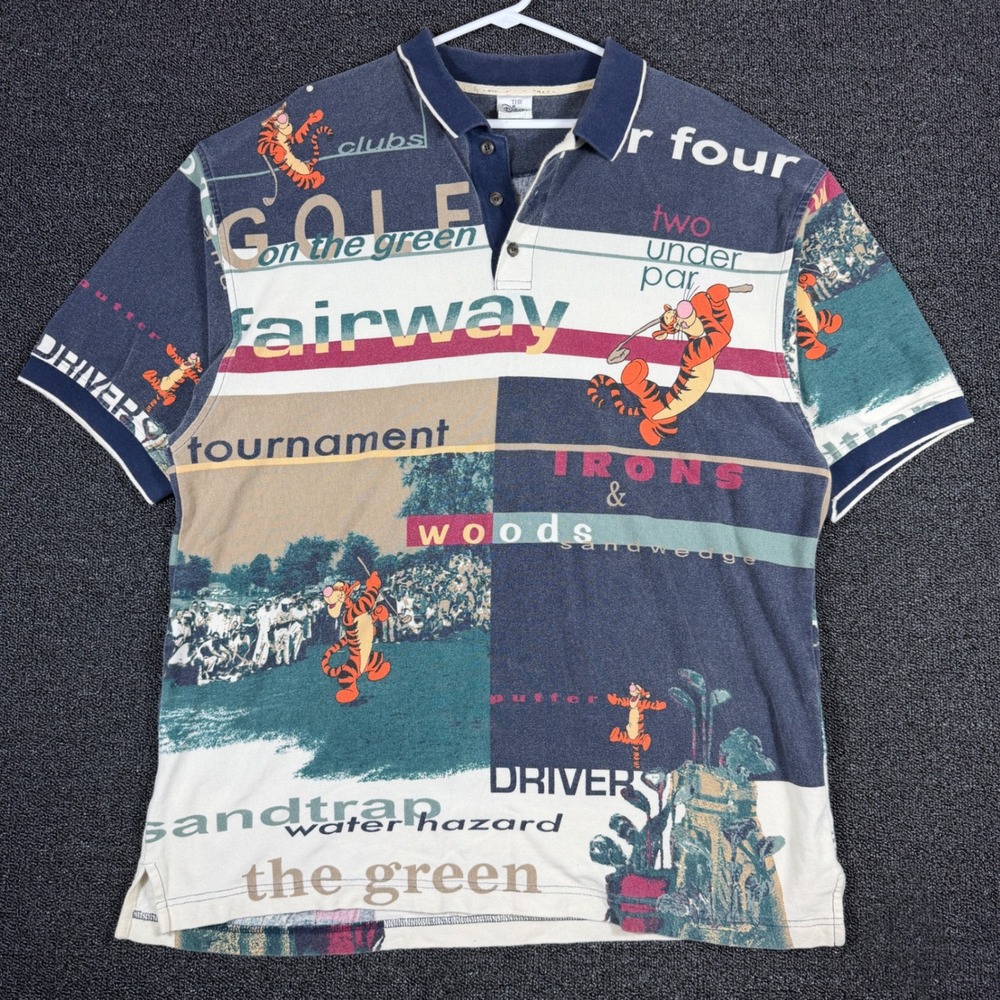 Vintage Disney Store Tigger Golf Polo Shirt Men's XXL Blue All Over Print 90s